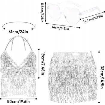 Karnevalový kostým KOSTÝM DISCO PRZEBRANIE 3DÍLNÁ SADA SUKNĚ TOP BRÝLE FLITRY FLITRY