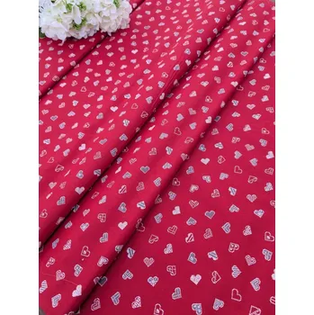 Látka 100% bavlna - bílá a šedá drobná srdíčka na červené