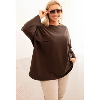 Dámská halenka Dámská blůza Plus Size s bavlnou, kapsou a ohrnovacími rukávy hnědá UNI