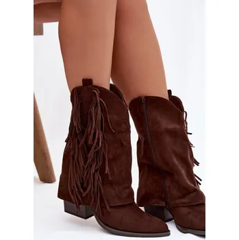 Dámské kozačky Dámské kotníkové kozačky – kovbojky se třásněmi na sloupku Gralina – čokoládové Velikost: 38
