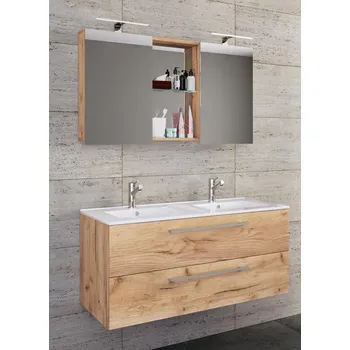 Koupelnový nábytek VCM 3dílná umyvadlová skříňka Budasi se zrcadlem, dub medový 486451