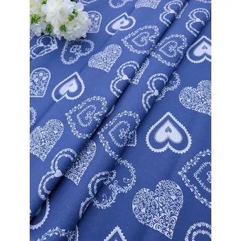 Látka 100% bavlna - bílá malovaná srdce na modrém podkladu