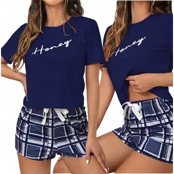 Dámské pyžamo Tmavě modré dámské pyžamo s kostkovaným vzorem, dvoudílná souprava, krátké KRAŤASY