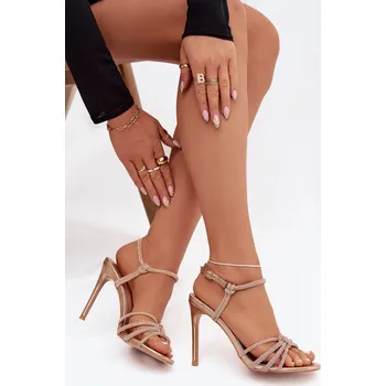 Dámské sandále Dámské sandály na jehlovém podpatku s pásky a čirými kamínky šampaňské Tanelle 36