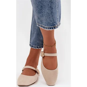 Dámské baleríny Dámské eko semišové baleríny s páskem a zlatou přezkou Adelora – světle béžové Velikost: 36