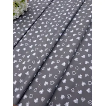 Látka 100% bavlna - stříbrná a bílá srdíčka na šedé