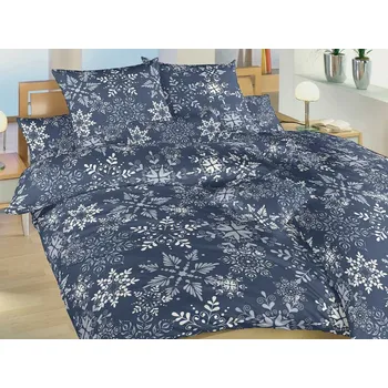 Bavlněné francouzské povlečení 200x200, 2x 70x90 KOMFORT Vločky Snowflakes tmavě modré