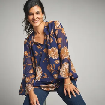 Dámské tričko Tunika s rozšířenými rukávy a potiskem indigo/karamelová 52