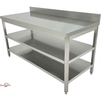 Dílenský stůl DASgastro Nerezový pracovní stůl s dvěma policemi a zadním lemem - 1,4 x 0,7 m