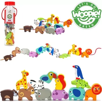 Dřevěná hračka Woopie green dřevěná navlékací zvířátka safari – 13 dílů