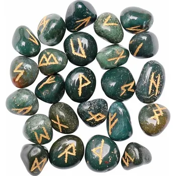 Sada runových kamenů z mechového achátu a heliotropu 25 x cca 2 - 2,8 cm