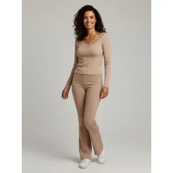 Dámská halenka Sinsay - Bavlněná pruhovaná blůza s krajkovým výstřihem - béžová - 038HA-08X - 038HA-08X-XXL