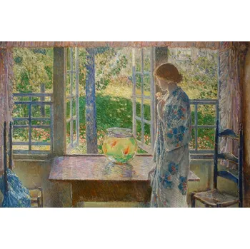 Plakát Plakát, Obraz - The Goldfish Window (Traditional Vintage Female Portrait of a Ginger Girl & A Gold fish Bowl) - Frederick Childe Hassam