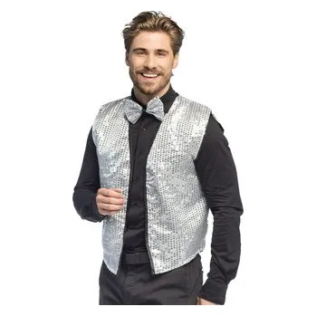 Karnevalový kostým Stříbrná flitrová sada (vesta L/XL a motýlek)