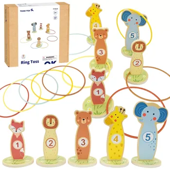 Dřevěná hračka Dřevěná házecí hra s kroužky TOOKY TOY – zvířátka, 15 dílů