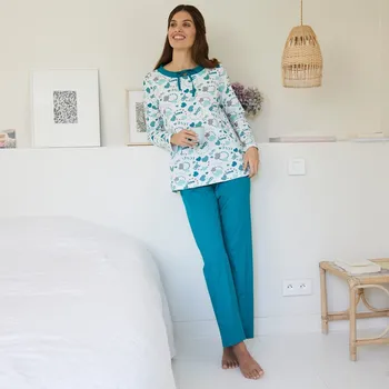 Dámská móda Pyžamo s kalhotami a potiskem srdíček smaragdová 50