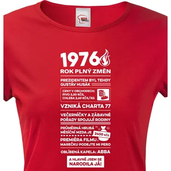 Dámské tričko Dámské tričko narozeninové noviny 1976, Barva Červená, Velikost XL, Canvas Dámské tričko s krátkým rukávem Bezvatriko.cz 3110 - 50