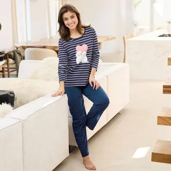 Dámské pyžamo Pruhované pyžamo s dlouhými rukávy a kalhotami a s potiskem kočiček nám. modrá 50