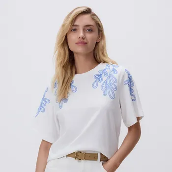 Dámské tričko Reserved - Tričko s vyšíváním - krémová - WU857-01J - WU857-01J-XS