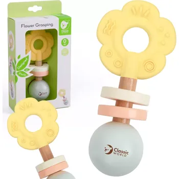 Classic World Pastelové dřevěné chrastítko 2v1 Květinové kousátko