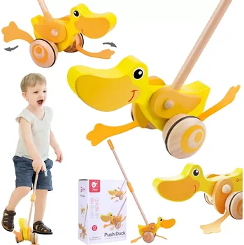 Dětské zboží Teddies strkadlo Kačenka dřevo 55cm tlačící s tyčkou v krabici 20x29x13cm