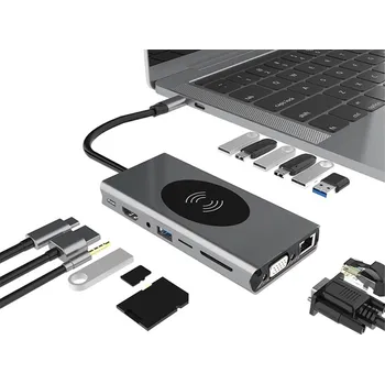 Datový kabel Rozbočovač / hub / adaptér 15v1 pro Apple MacBook Air / Pro - USB-C na USB-C + HDMI + Qi nabíječka