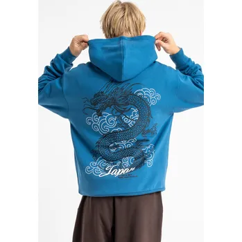Chlapecká mikina Reporter Young | Chlapecká modrá zateplená mikina REGULAR s kapucí a potiskem draka na zádech - Barva MODRÁ, Velikost 164 261-0551B-04-430-1