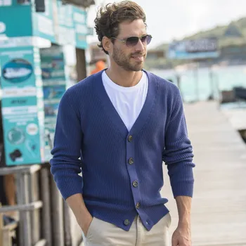 Pánská móda Svetr s hladkým vzorem a výstřihem do V modrá džínová 97/106