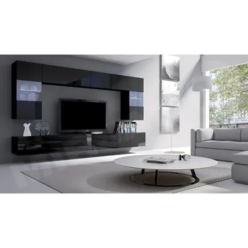 Obývací stěna MOB Obývací stěna Brolani I (černá + lesk černý) (s bílým LED osvětlením)