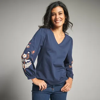 Dámská móda Tričko s výšivkou a dlouhými rukávy nám. modrá 50