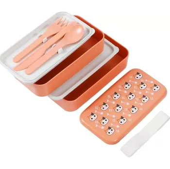 Svačinový box oranžový lunch box s kočičkou se lžící a vidličkou
