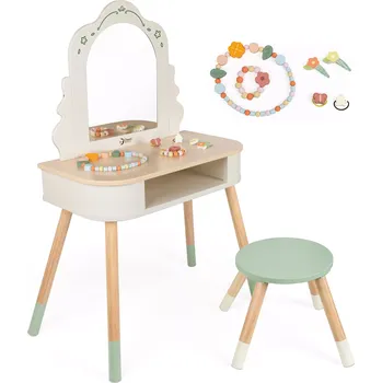 Toaletní stolek Dřevěný toaletní stolek s Kulatým Zrcadlem a Doplňky Pastelová Classic World