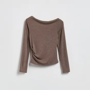 Dámské tričko Reserved - Tričko s dlouhými rukávy a vysokým podílem viskózy - hnědá - 329JX-88M - 329JX-88M-XL