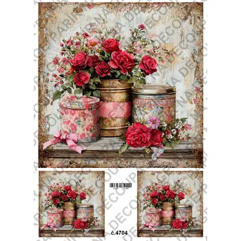 Umělecký papír Rýžový a soft papír na decoupage - Květiny s plechovkou - KB4704 Materiál: Soft, Rozměr: A4