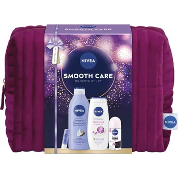 Nivea Smooth Care NIVEA Diamond & Argan Oil pečující sprchový gel 250 ml + NIVEA Smooth Sensation hydratační tělové mléko pro suchou pokožku 400 ml + NIVEA Invisible Black & White Clear kuličkový antiperspirant pro ženy 50 ml + Labello Over Night Care reg