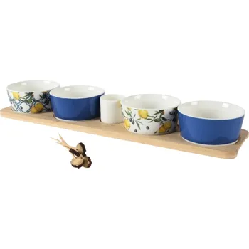 Nádobí AKCE Sada porcelánových tapas misek na dřevěném podnosu II.jakost