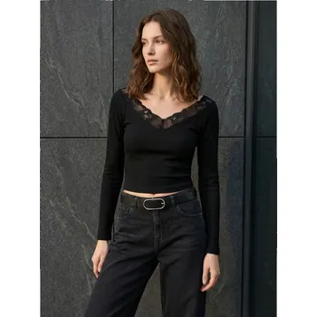 Dámská halenka Sinsay - Bavlněná pruhovaná blůza s krajkovým výstřihem - černá - 038HA-99X - 038HA-99X-XXL