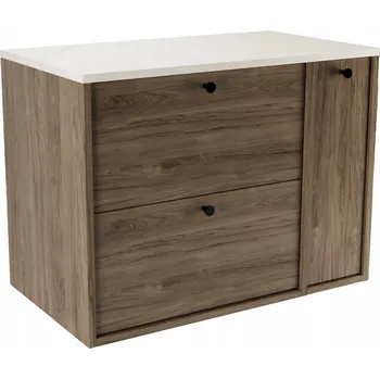 Koupelnový nábytek Skříňka pod umyvadlo s regálem 80 cm Ořech Tmavý/Mramor Bílý deska Belino