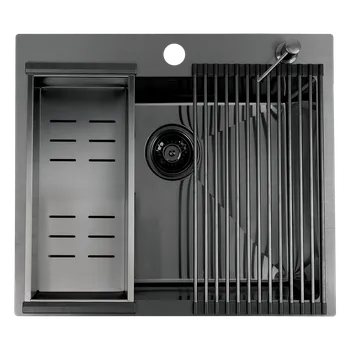 Kuchyňský dřez Laveo Malawi, 1-komorový nerezový dřez s příslušenstvím 580x500x200 mm, grafitová, LAV-SLMA510D