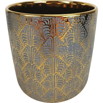 Keramický květináč tmavě šedý se zlatým vzorem