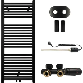 Radiátor CERANO - Koupelnový radiátorový set Lincoln - kombinované výtápění, termo tyč - středové připojení 50 mm - 366W - černá matná - 1200x500 mm