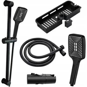 Sprchový set SPRCHOVÝ SET 4V1 ČERNÝ MATNÝ TYČ 61 CM SPRCHOVÁ HLAVICE HADICE 150 CM POLIČKA