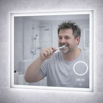 Zrcadlo LED zrcadlo TIME 60x65 cm, hodiny, kosmetické zrcátko, nastavitelné osvětlení + slevový kód