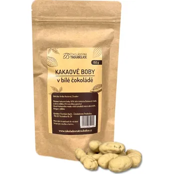 Čokoládovna Troubelice Kakaové boby v bílé čokoládě Hmotnost: 150 g