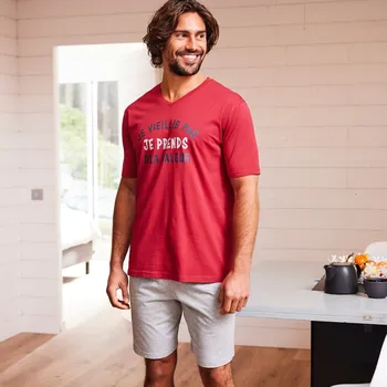 Pánská móda Pyžamo se šortkami a krátkými 		rukávy, s potiskem sloganu bordó/šedá 117/126