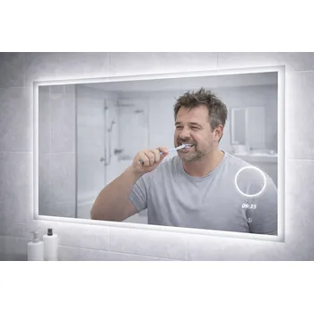 Zrcadlo LED zrcadlo TIME 160x65 cm, hodiny, kosmetické zrcátko, nastavitelné osvětlení + slevový kód