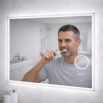 Zrcadlo LED zrcadlo TIME 80x65 cm, hodiny, kosmetické zrcátko, nastavitelné osvětlení + slevový kód