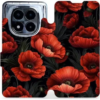 Flipové pouzdro Mobiwear - Xiaomi Redmi Note 14 Pro 5G - VP45S Temné červené květy (Knížkové flip pouzdro, obal, kryt na mobil Xiaomi Redmi Note 14 Pro 5G - VP45S Temné červené květy, materiál Umělá kůže + TPU - ochrana 360°, stojánek, silikonová vanička,