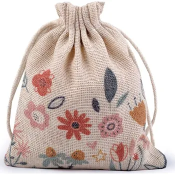 Balící papír Dárkový pytlík jarní 10x13 cm lněný s květy - režná (20 ks)