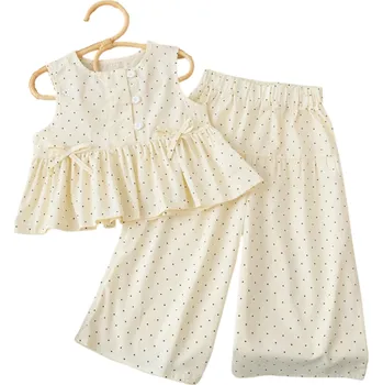Dětský dívčí letní set tílko se širokými ramínky na knoflíky a kalhoty na gumu Béžová souprava s černými tečkami 6